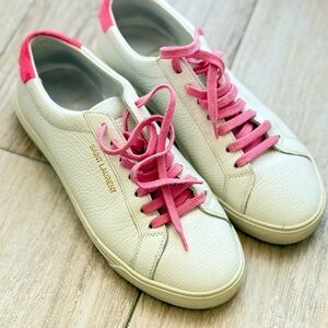 Saint Laurent White Leather Low-Top Sneakers with Pink Accents